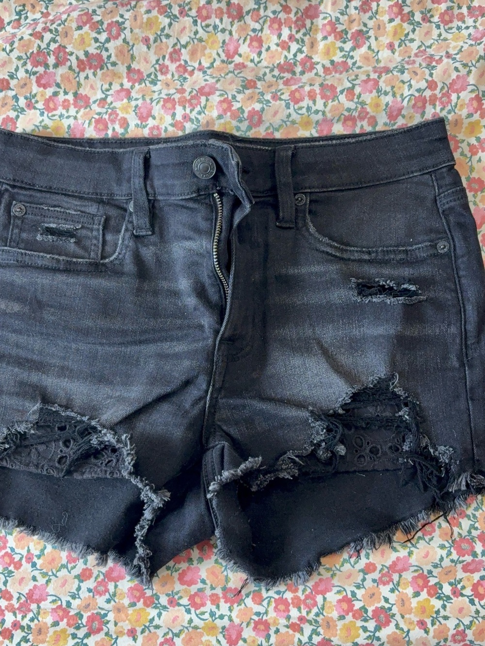 American Eagle Outfitters Black Distressed Jean Shorts with Lace Insets